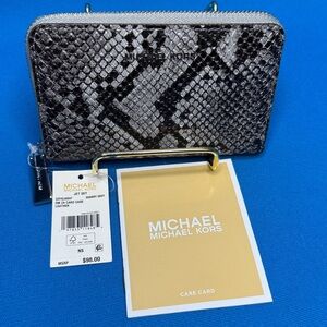 NWT $98 MICHAEL KORS JET SET LEATHER ZIP AROUND CARD CASE WALLET IN QUARRY GREY